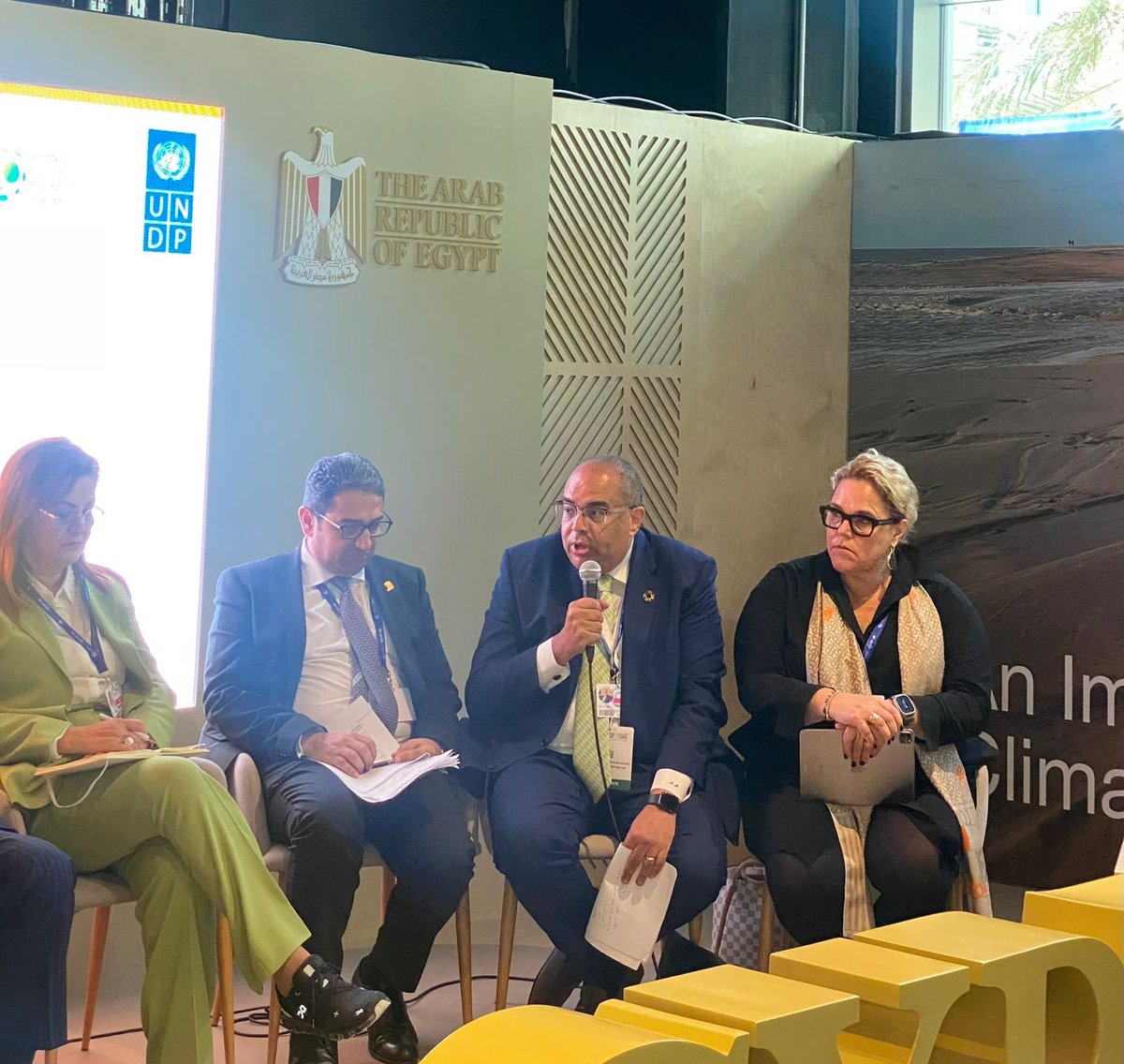 In a discussion on aligning climate and development financing, with H.E. Dr. Hala El Said, Minister of @mpedegypt, and other distinguished guests, @MMohieldin27, Egypt’s High-Level Champion emphasizes “Climate action is development action, climate finance is development finance”.