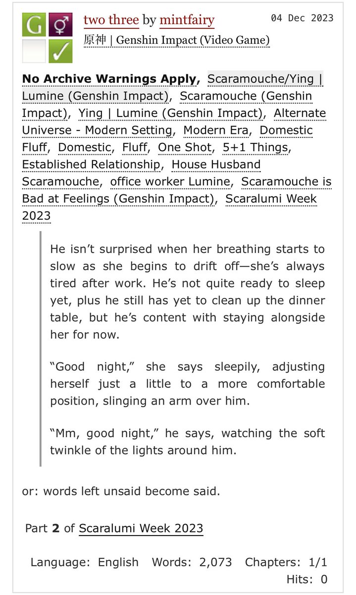 mintfairytale's tweet photo. scaralumi week day 2: domestic life - two three
- rating: gen
- oneshot
- word count: 2k
link: https://t.co/DrfuAxYovl
#scrlmiweek2023 #scaralumi #scrlm #scrlmi #scaramouche #lumine https://t.co/7VtEDYFpan