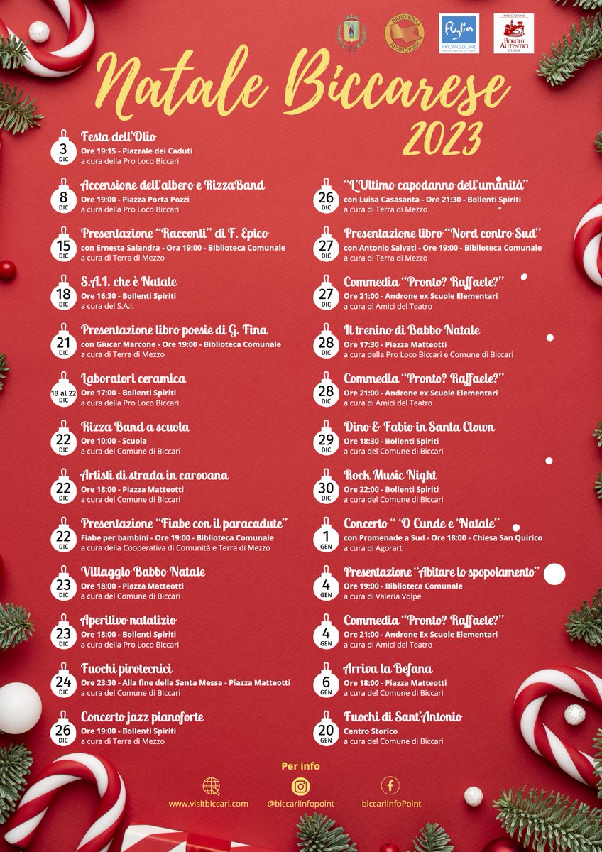 🎄 Ecco il programma completo del #Natale Biccarese 2023, dal 3 dicembre al 20 Gennaio. Tanti appuntamenti per passare le feste insieme!

🗓️ Qui tutti gli appuntamenti: 
visitbiccari.com/2023/12/04/nat…

#biccari #montidauni #puglia #weareinpuglia #puglia365 #pugliaevents #montidauni