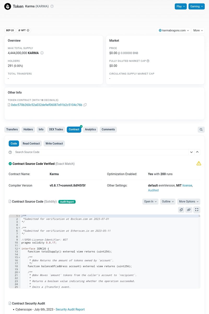 Karma Token's audit has been recently updated and verified on <a href="/bscscan/">BscScan</a>!

Following the renouncement of our contract, enhancing its overall safety, we found it crucial to update the information on BscScan.

This ensures that our community receives the latest and most accurate