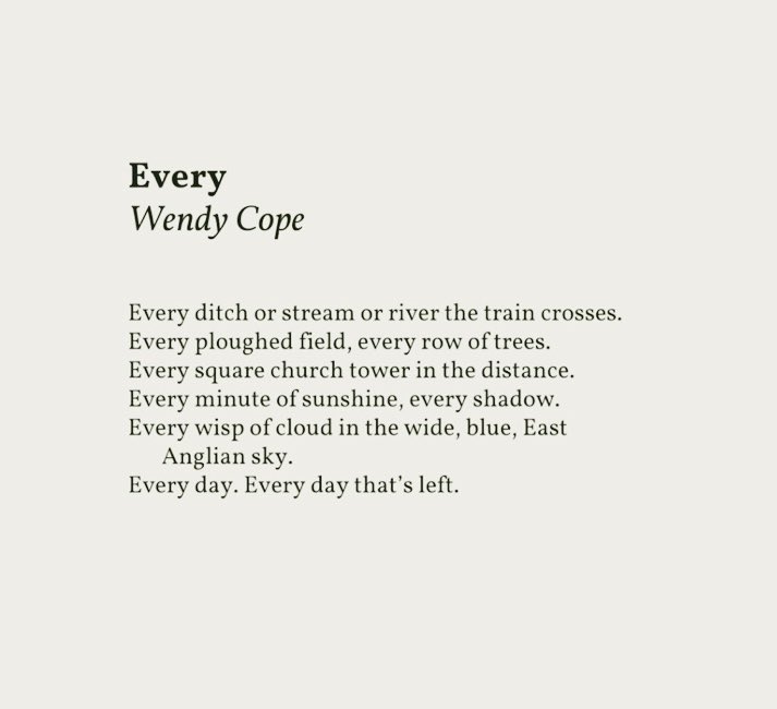 Loving this short, but hefty Wendy Cope punch. Effectively my life, too.. ‘every wisp of cloud in the wide, blue, East Anglian sky’