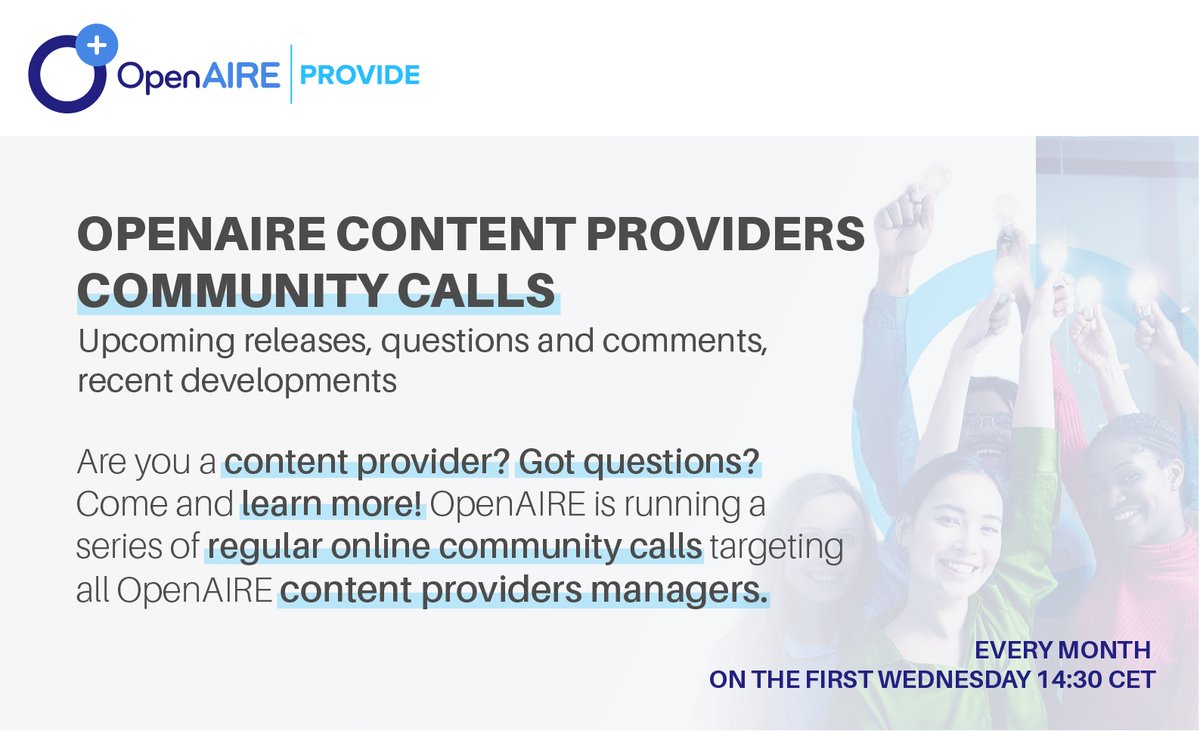 andremvieira's tweet photo. Community Call for @OpenAIRE_eu Content Providers: Dec. 6th, 14:30CET.
Join this call to know more about the recent developments in PROVIDE, relevant updates from the OpenAIRE Graph, and the new #usagestatistics reports and #metrics.
Join: https://t.co/0OPcsJ9ReE https://t.co/wTOFJrNGhb
