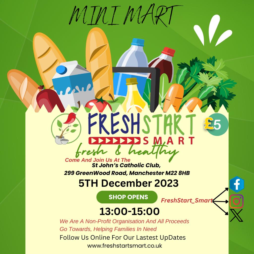 Fresh and healthy food available tomorrow from 1:00pm to 3:00pm tomorrow 5 December, for a £5.00 a bag, from St John's Club 299 Greenwood Road M22 8HB. Organised by volunteers from Freshstart Smart

For more information see freshstartsmart.co.uk

#wythenshawe