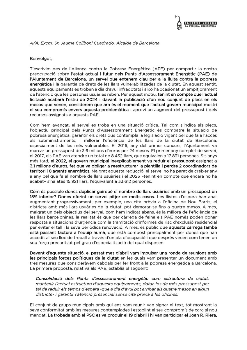 APE_Cat's tweet photo. 👋 Atenció, @jaumecollboni, la situació dels Punts d'Assessorament Energètic (PAE) és crítica❗️

✉️ Carta oberta a l'alcalde de Barcelona per reclamar que compleixi el compromís de campanya del @pscbarcelona en matèria de pobresa energètica.

🔗 https://t.co/xQCGWIWlaU https://t.co/QpteG9uRu1
