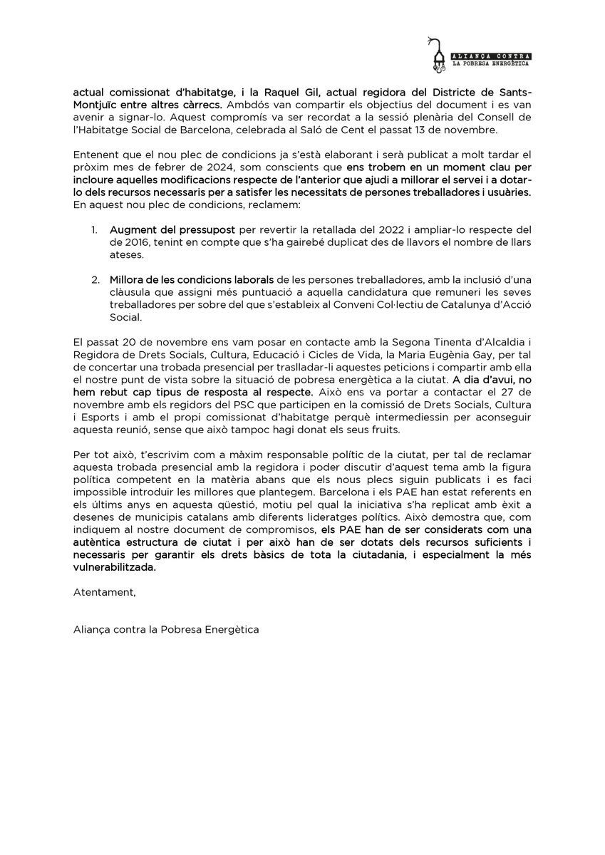 APE_Cat's tweet photo. 👋 Atenció, @jaumecollboni, la situació dels Punts d'Assessorament Energètic (PAE) és crítica❗️

✉️ Carta oberta a l'alcalde de Barcelona per reclamar que compleixi el compromís de campanya del @pscbarcelona en matèria de pobresa energètica.

🔗 https://t.co/xQCGWIWlaU https://t.co/QpteG9uRu1