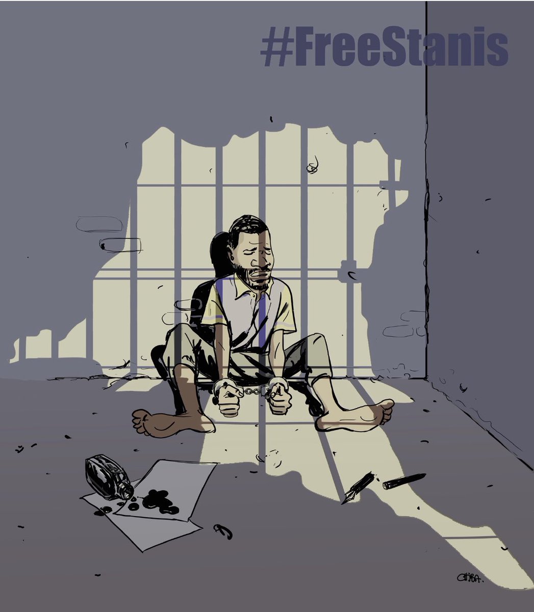 soniarolley's tweet photo. #RDC #FreeStanis : « Je suis révolté face aux poursuites contre @StanysBujakera, révolté face au non respect de la liberté de presse et d'opinion qu’elles représentent », s'indigne le dessinateur Arnold Chibanguka. Il signe le dessin du jour de la campagne #cartooningforstanis https://t.co/Ys2eq78BAa