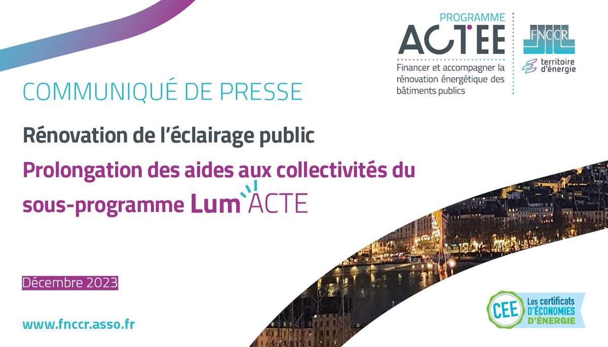 ACTEE (FNCCR) (@actee_fnccr) on Twitter photo #presse 📑
L’État a prolongé la période l’éligibilité des collectivités au sous-programme Lum’ACTE jusqu’en 2024. 🤝💶
L’action doit permettre d’aider plus de 9 100 #communes par l'audit patrimonial & énergétique de + de 3,8 M de points lumineux. 💡
➡️ fnccr.asso.fr/article/prolon… #presse 📑
L’État a prolongé la période l’éligibilité des collectivités au sous-programme Lum’ACTE jusqu’en 2024. 🤝💶
L’action doit permettre d’aider plus de 9 100 #communes par l'audit patrimonial & énergétique de + de 3,8 M de points lumineux. 💡
➡️ fnccr.asso.fr/article/prolon…