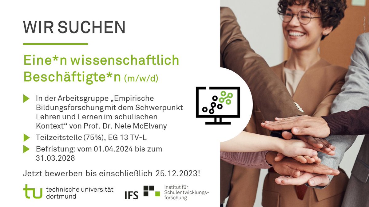 #Stellenangebot: Wir suchen eine*n wissenschaftlich Beschäftigte*n (m/w/d) in der AG McElvany zur #Promotion. Interesse mit einem interdisziplinären Team zu gesellschaftlich relevanten Fragestellungen im Bildungsbereich #IGLU zu forschen? Jetzt bewerben ➡️ ifs.ep.tu-dortmund.de/storages/ifs-e…