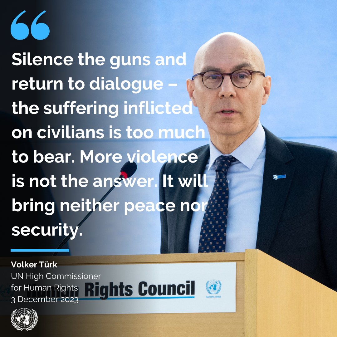 UNGeneva's tweet photo. #Gaza 

“Silence the guns and return to dialogue – the suffering inflicted on civilians is too much to bear. More violence is not the answer. It will bring neither peace nor security.“ 

- @volker_turk, @UNHumanRights Chief https://t.co/XxS6riwFNB