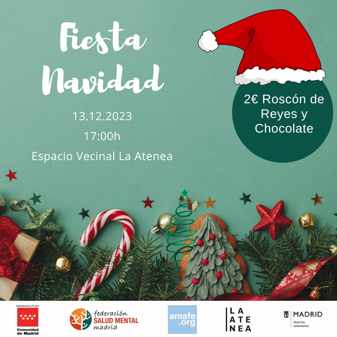 El próximo miércoles 13 de diciembre a partir de las 17:00h celebraremos la fiesta de navidad de #AMAFE en el Espacio Vecinal La Atenea @espaciolaatenea  (C/Pilar de Zaragoza, 51-53). Comeremos roscón y tendremos la tradicional rifa solidaria.