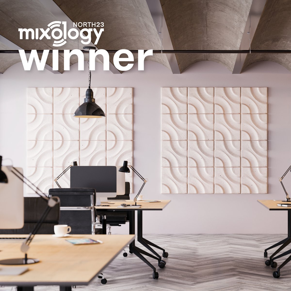 We are thrilled FIKA, our acoustic tile made from mycelium and hemp won Surface Product of the Year at @MixInteriors #mixologynorth23 in Manchester last week. Want to know more about the winning product? bit.ly/mycelium-tile #surfacedesign #interiordesign #acousticsolution