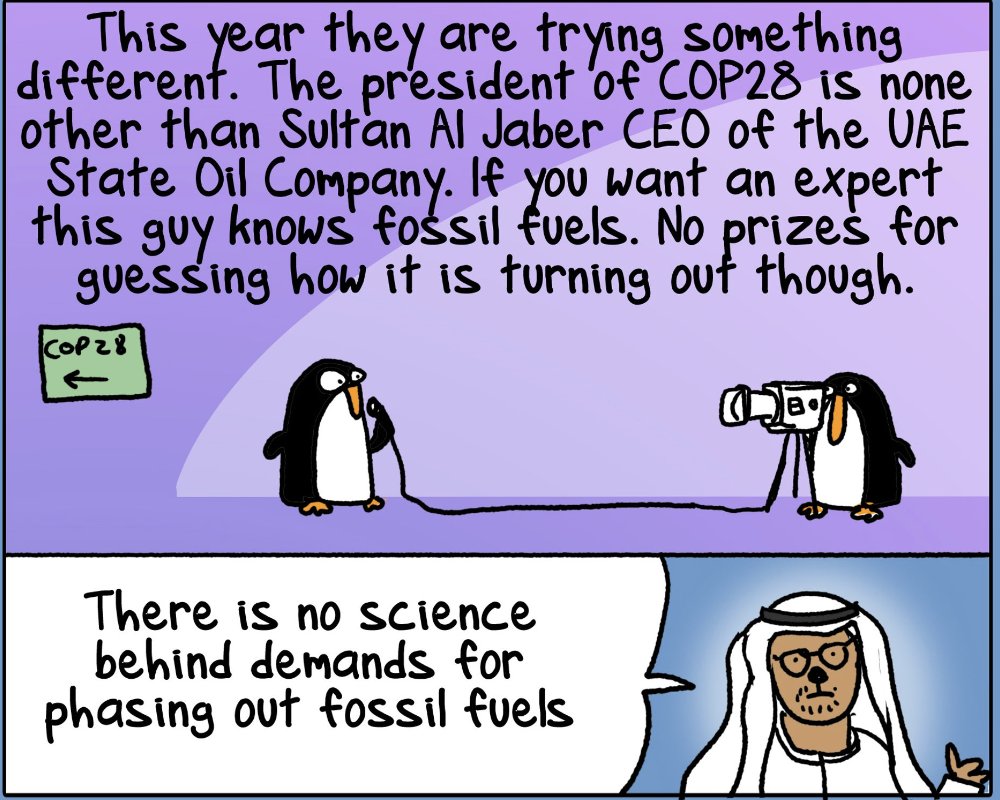 The Seven Stages of climate denial: 
 
1. It's not real 
2. It's not us 
3. It's not that bad 
4. Do you want us to live in caves!  
5. It's too expensive to fix 
6. Here's a fake solution 
7.  It's too late: why didn't you tell us?  

@COP28 denies reality of #ClimateChange