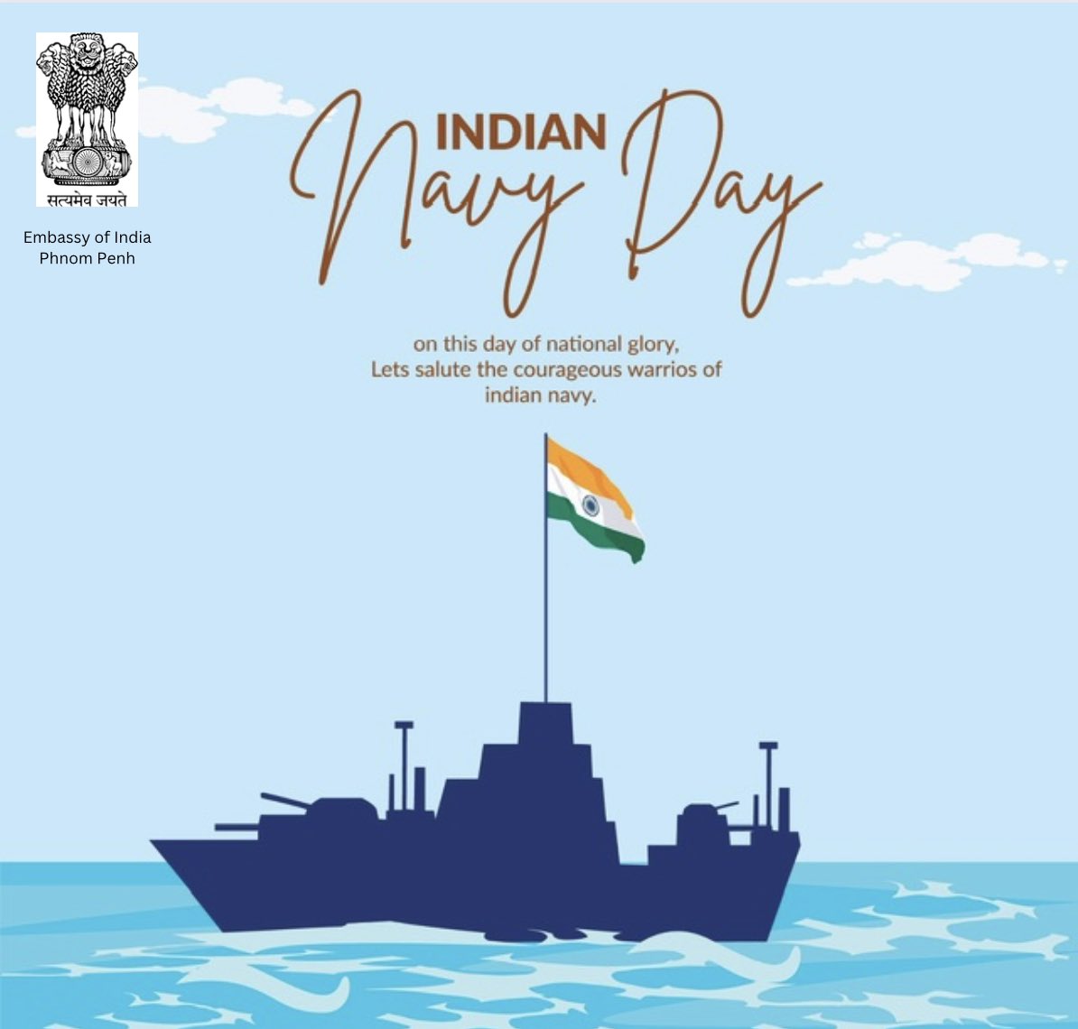 indembcam's tweet photo. On this proud occasion of Indian Navy Day, the Embassy of India extends heartfelt wishes to the valiant men and women of the Indian Navy. Saluting their dedication, courage, and commitment to safeguarding our seas. ๐ฎ๐ณโ๏ธ #IndianNavyDay #DefendersAtSea @devyani_K @indiannavy https://t.co/Qx39J6TJ3l