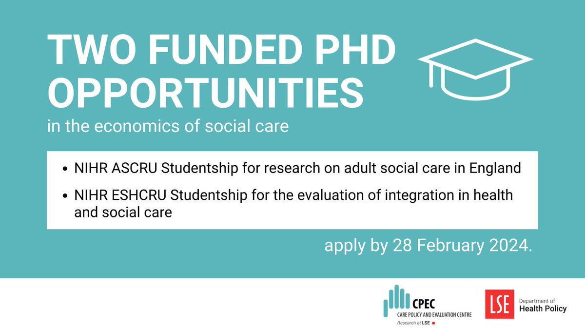 We have TWO FUNDED PHD OPPORTUNITIES at CPEC. ❗️ Are you interested in researching the #economics of #SocialCare, at a dynamic + well-established research centre in London, based at @LSEnews? Apply by 28 February:👉lse.ac.uk/cpec/assets/do…