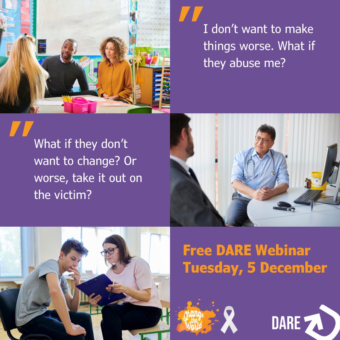 TheHamptonTrust's tweet image. These are the biggest fears voiced by professionals when faced with the task of engaging with domestic abuse perpetrators. In our free webinar tomorrow we will show you how #DARE can help you feel more confident. Register here: bit.ly/47MybS9 #ChangeTheStory #16Days