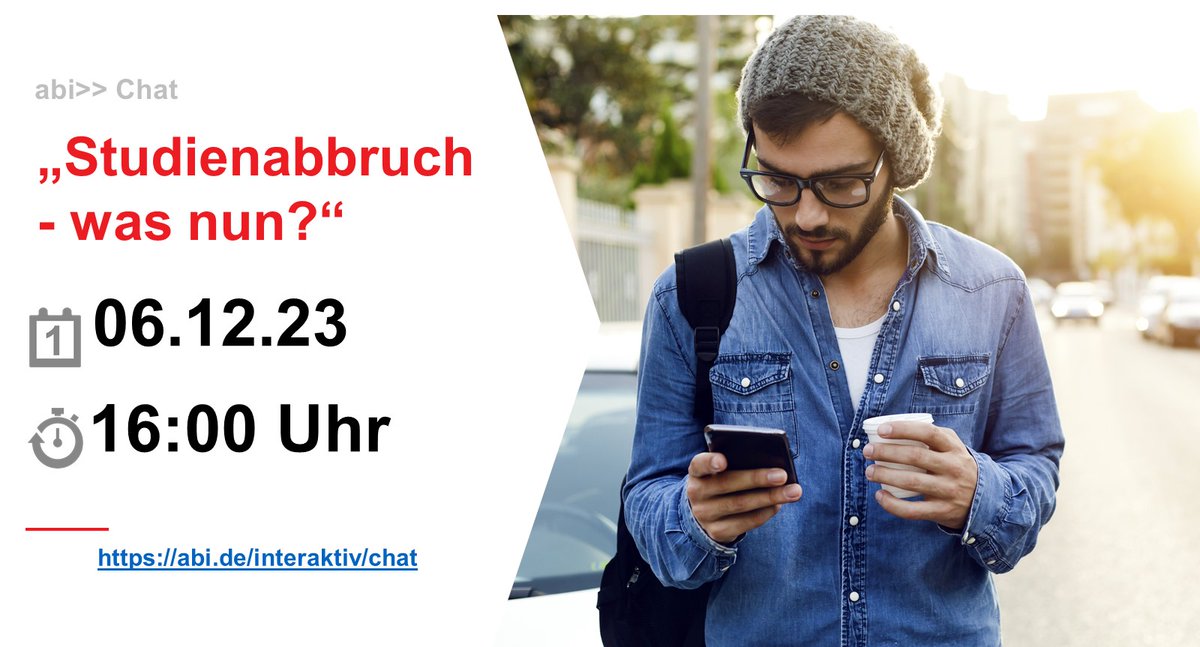 Wer mit seinem #Studium hadert und einen Abbruch erwägt, kann sich im aktuellen abi» Chat am 6. Dezember über Möglichkeiten und Alternativen informieren. 📲Einfach einloggen‼️
Mehr Infos 👉 arbeitsagentur.de/vor-ort/frankf…