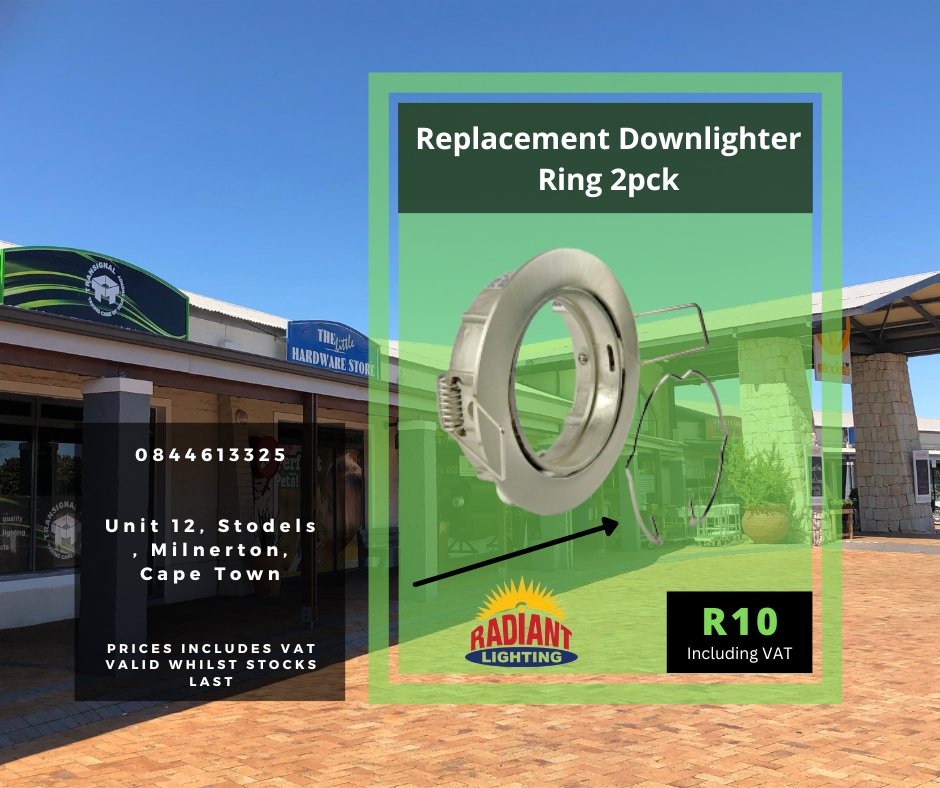 You’re going to need a pack of these. These downlighters rings for GU10 holders are a great replacement for those that came with your lights 📷📷

Pop in at our  Milnerton Branch at  Unit 12, Stodels Lifestyle Centre, Stirrup Way

Call us on 0214613335 or WhatsApp 0844613335