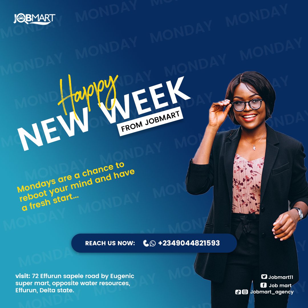 Jobmart_agency's tweet photo. Embrace the possibilities of a new week with enthusiasm and determination. Job Mart Recruitment is here to connect you with opportunities that match your ambitions!

#WarriJobs
 #JobOpportunitiesWarri #WarriCareers #HiringInWarri #WarriEmployment
 #WorkInWarri
#WarriRecruitment https://t.co/sZnXcSZCha