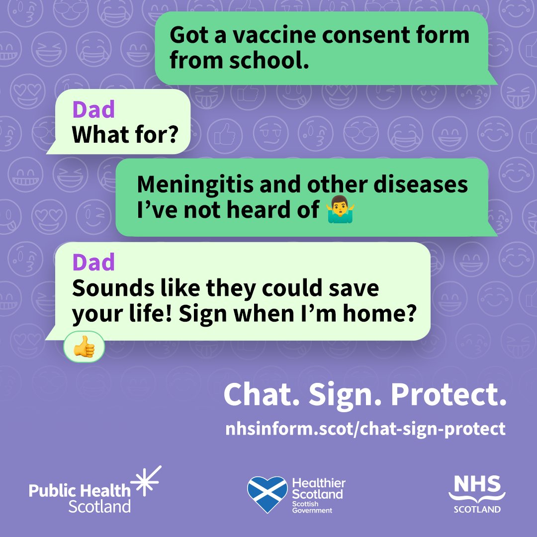 All young people in S3 are offered the MenACWY and DTP vaccines which protect against meningitis, diphtheria, tetanus and polio. 💪🏻 Remember to #ChatSignProtect 😄✍🏻🛡 For more information visit nhsinform.scot/chat-sign-prot… 👨🏻‍💻