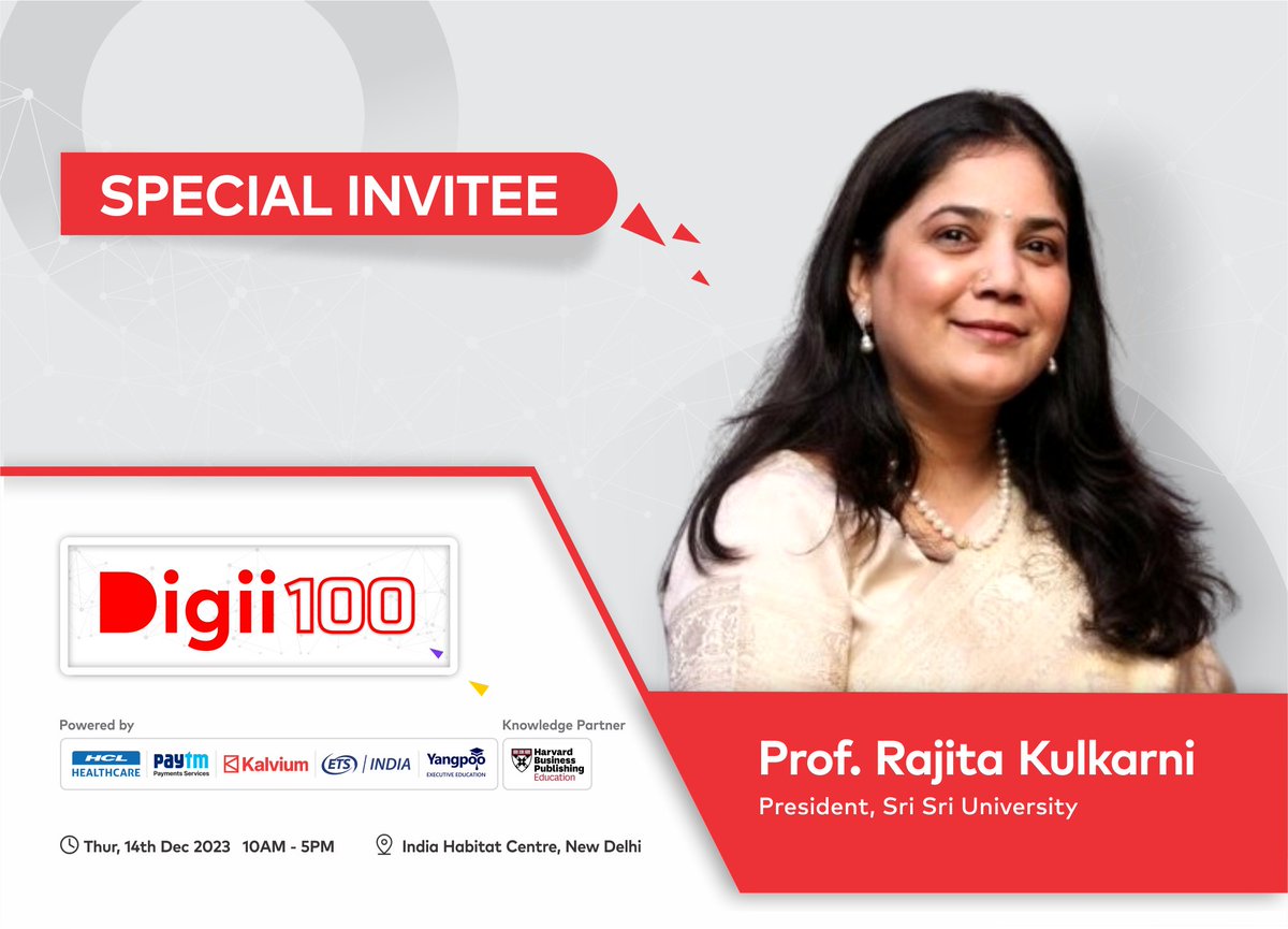 digii__official's tweet photo. Thrilled to announce that Prof. Rajita Kulkarni, President at Sri Sri University will be a part of the Digii100 Summit!

If you are a Digital-first Institution, secure your spot now! >>https://t.co/k5fulh8fkq

#Digii100 #Digii100summit #GoDigii #digiicampus #srisriuniversity https://t.co/GVr8nXmmIT