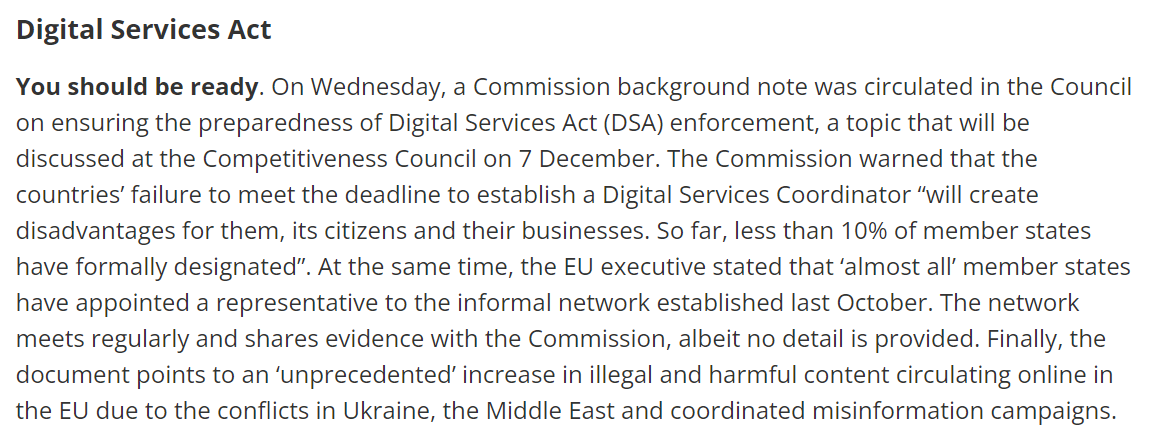 #DSA: ICYMI from last Tech Brief, I got hold of the background note informing the Competitiveness Council discussion on Thursday. The Commission warned member states to accelerate the appointment of Digital Services Coordinators as only 10% have been formally designated.