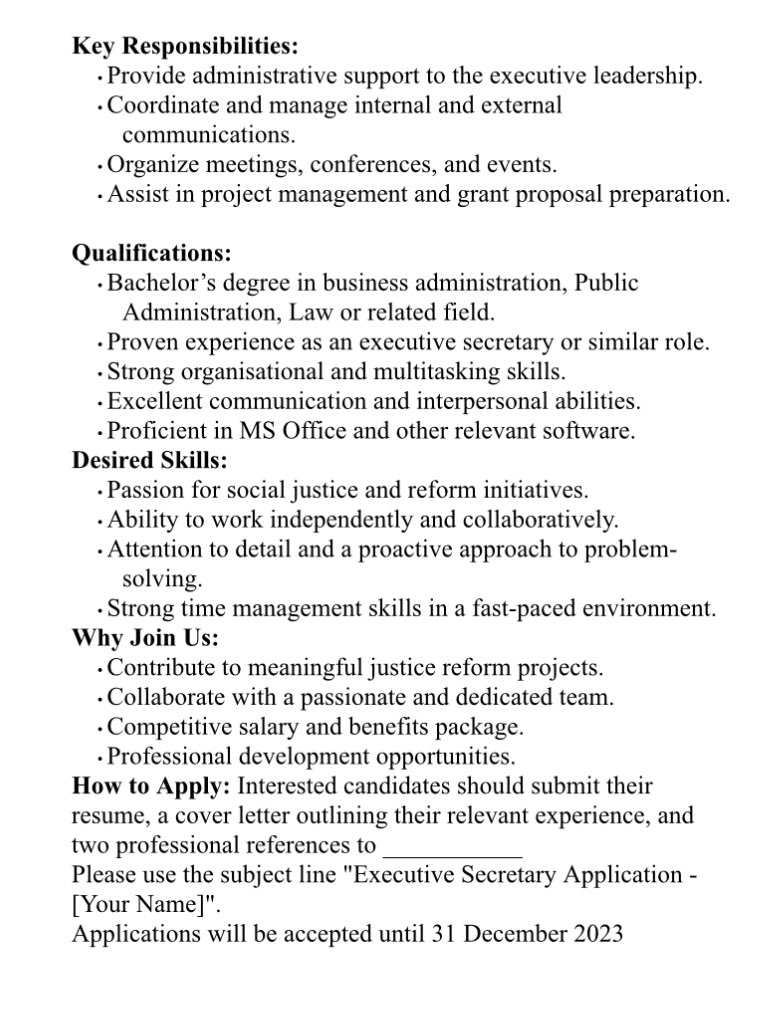 We are looking to recruit an Executive Secretary at the Justice Reform Project, a non-governmental organisation dedicated to highlighting and promoting areas of reform within the Nigerian justice system.

Applications are to be sent to justicereformprojectng@gmail.com