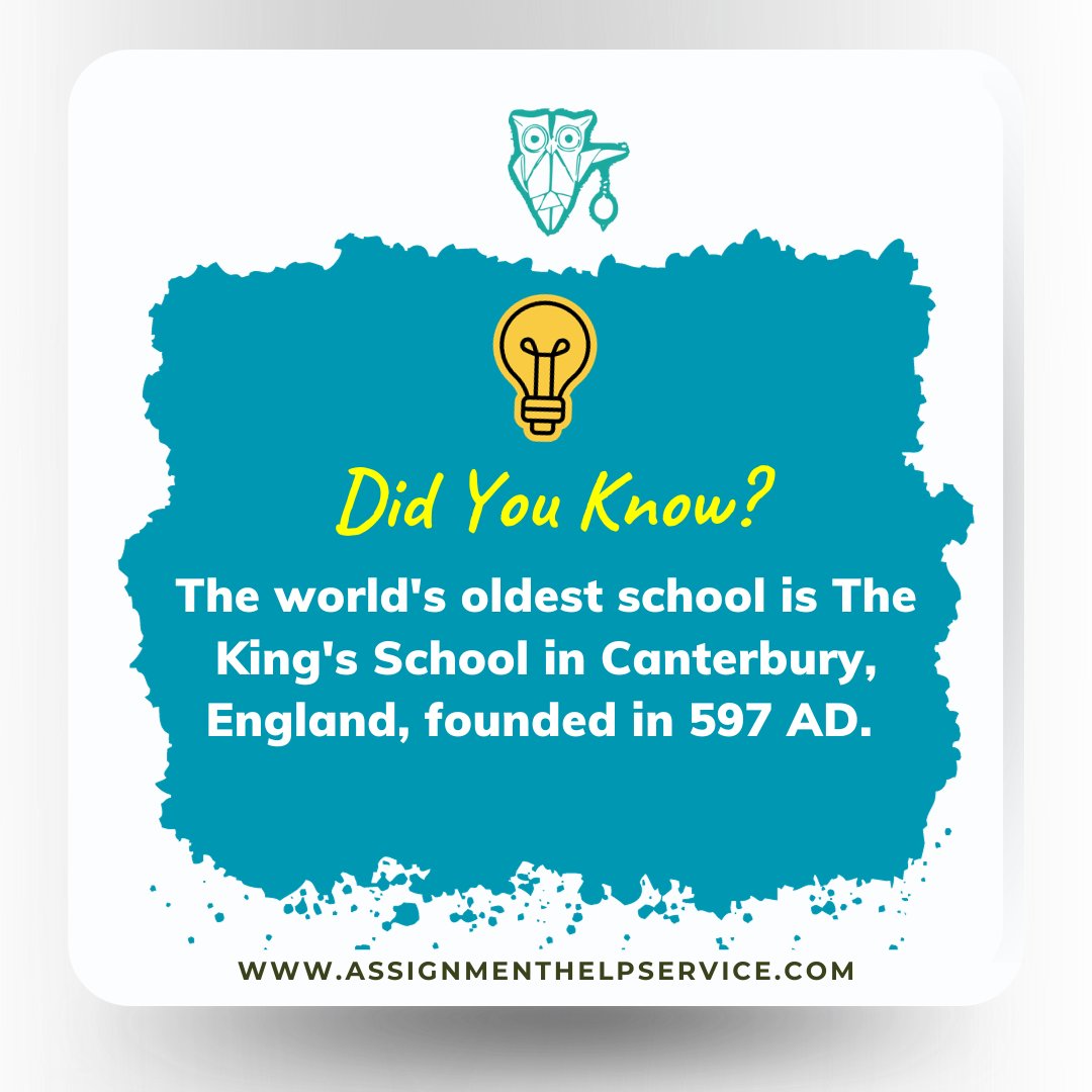 The fact of the Day. Did you know? The world's oldest school is The King's School in Canterbury, England, founded in 597 AD. .
.
.
.
.
#assignmenthelpservice #monday #randomfacts #learningmonday #motivation #factoftheday #thoughts #education #student