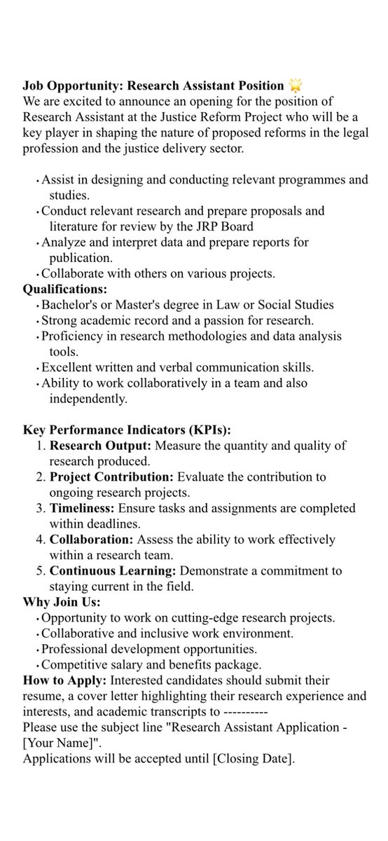 NOW HIRING: Research Assistant 

Please read the below and apply to justicereformprojectng@gmail.com on or before 31 December 2023.