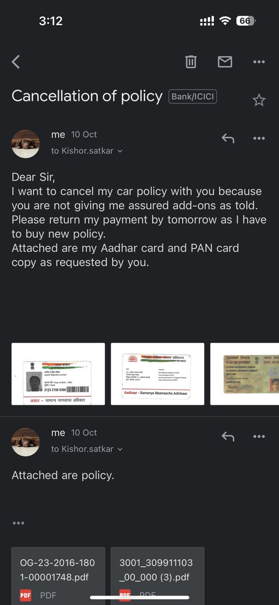 AkashJ121's tweet photo. Or give me my money back as policy is sold with wrong information. 
I am attaching mails I sent for cancellation as told also my policy number. 

Policy no - 3001/309911103/00/000
Name of contact person - Kishor Satkar. 
Mob no - 9561380738
Office- Manikchand Icon, C wing, Pune https://t.co/9znm8lRPNH