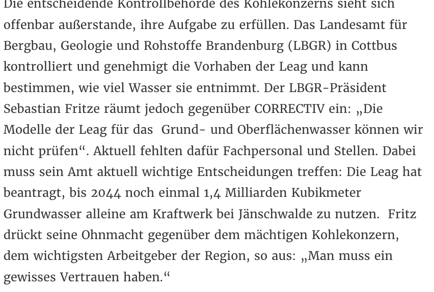 AnnikaJoeres's tweet photo. Auch das gehört zum Machtsystem des Bergbaukonzerns Leag: Die wichtigste Aufsichtsbehörde, das LBGR, sieht sich außerstande, die Leag-Daten zu prüfen. Sie sind aber Grundlage für alle Genehmigungen &amp; Prognosen zur Wasserversorgung. Auch hier: Freier Lauf für Kohleindustrie. 7/8 https://t.co/kLvxY03OwX