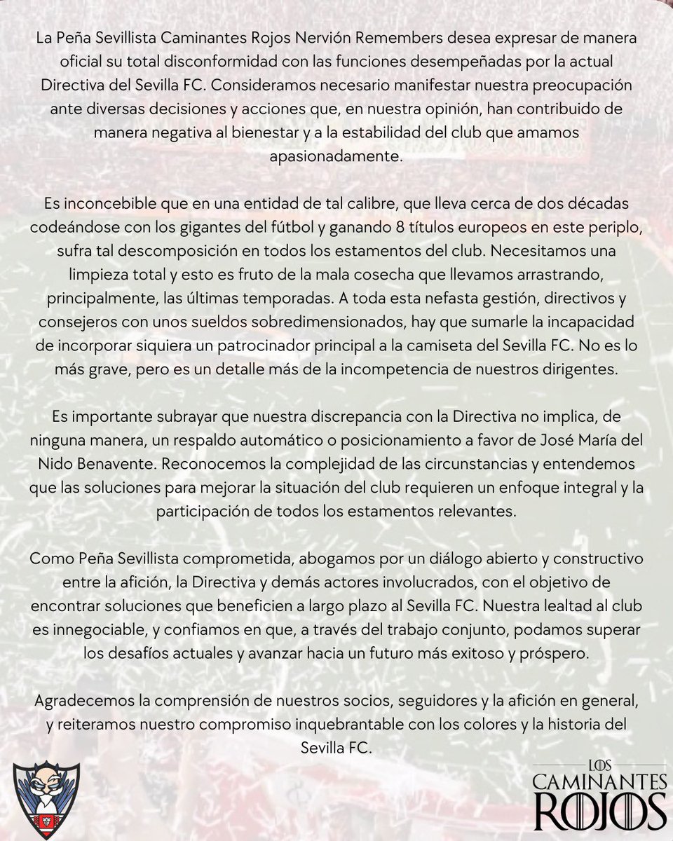 CaminantesRojos's tweet photo. En estos momentos cruciales, queremos recordar que estamos para defender los intereses de nuestro club, @sevillafc 

Es por ello, que nos posicionamos en contra de la gestión actual del Sevilla FC.

#forzasevilla https://t.co/oZakIDvw5b
