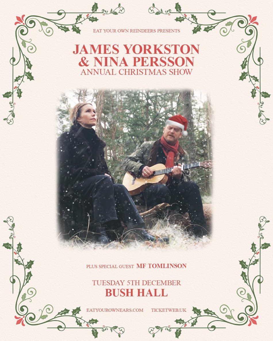 TOMORROW @jamesyorkston &  Nina Persson bring us a wonderful Christmas gift of song & merriment 🎅 🎄🦌❄️ @Bushhallmusic  ‘Masterful and enchanting word play intertwine to bold dramatic effect…’ @ClashMagazine  King elf 🧝‍♂️@MF_Tomlinson supports  🎟️ eatyourownears.com/events/james-y…