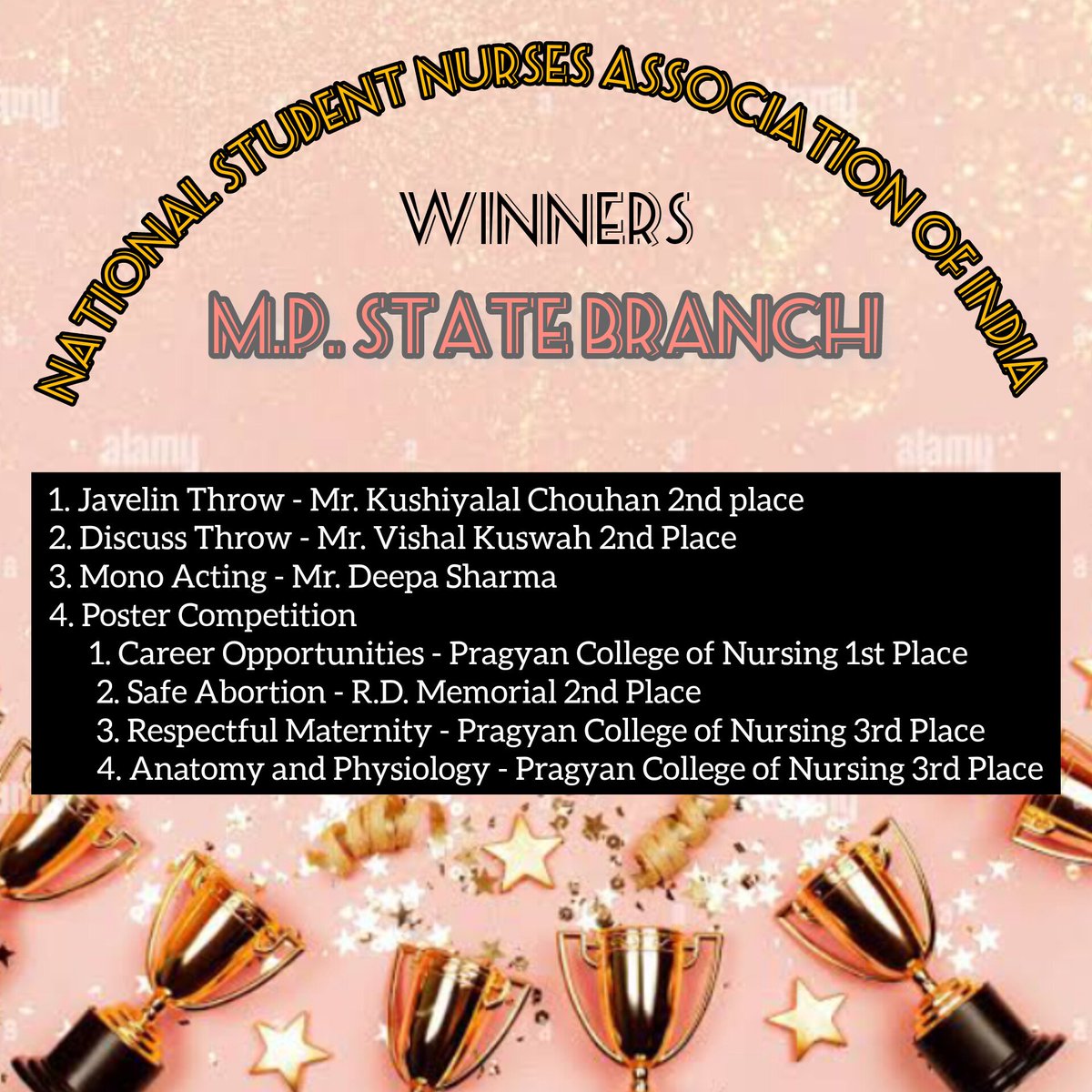 TRAINED NURSES ASSOCIATION OF INDIA
30th BIENNIAL STUDENT NURSES ASSOCIATION OF INDIA CONFERENCE -2023
WINNERS in different areas by students of M.P. STATE BRANCH colleges respectively.