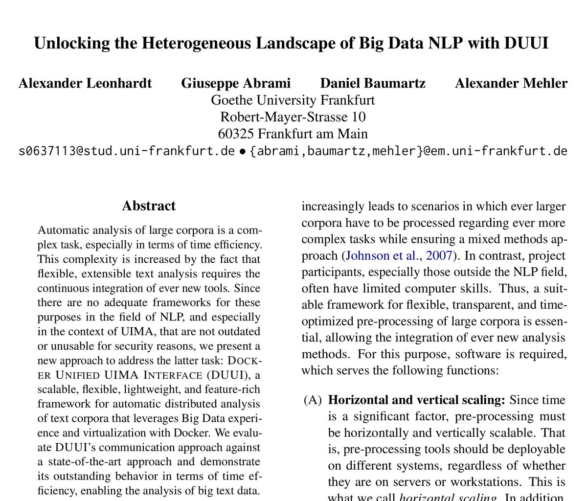 ttlab_ffm's tweet photo. We are excited to present our accepted paper in the Findings of #EMNLP2023.  It is about the pre-processing of big data using the newly developed Docker Unified UIMA Interface (DUUI).

GitHub: https://t.co/lGmswoH5G6

@emnlpmeeting #DUUI #docker #NLP https://t.co/z9ujNWlZyZ