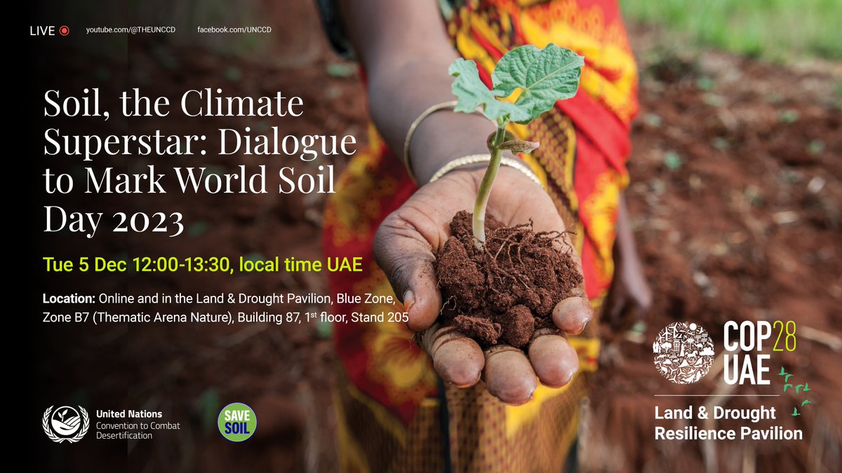 UNCCD's tweet photo. World Soil Day is tomorrow! 💚🤎

Join us at @COP28_UAE to celebrate #WorldSoilDay with @SadhguruJV @ishafoundation @cpsavesoil and discover how #soilhealth contributes to achieving land restoration and climate goals.

🔗 https://t.co/0dE4hmeiu3.

#United4Land #COP28UAE https://t.co/SzHW1N3dBW