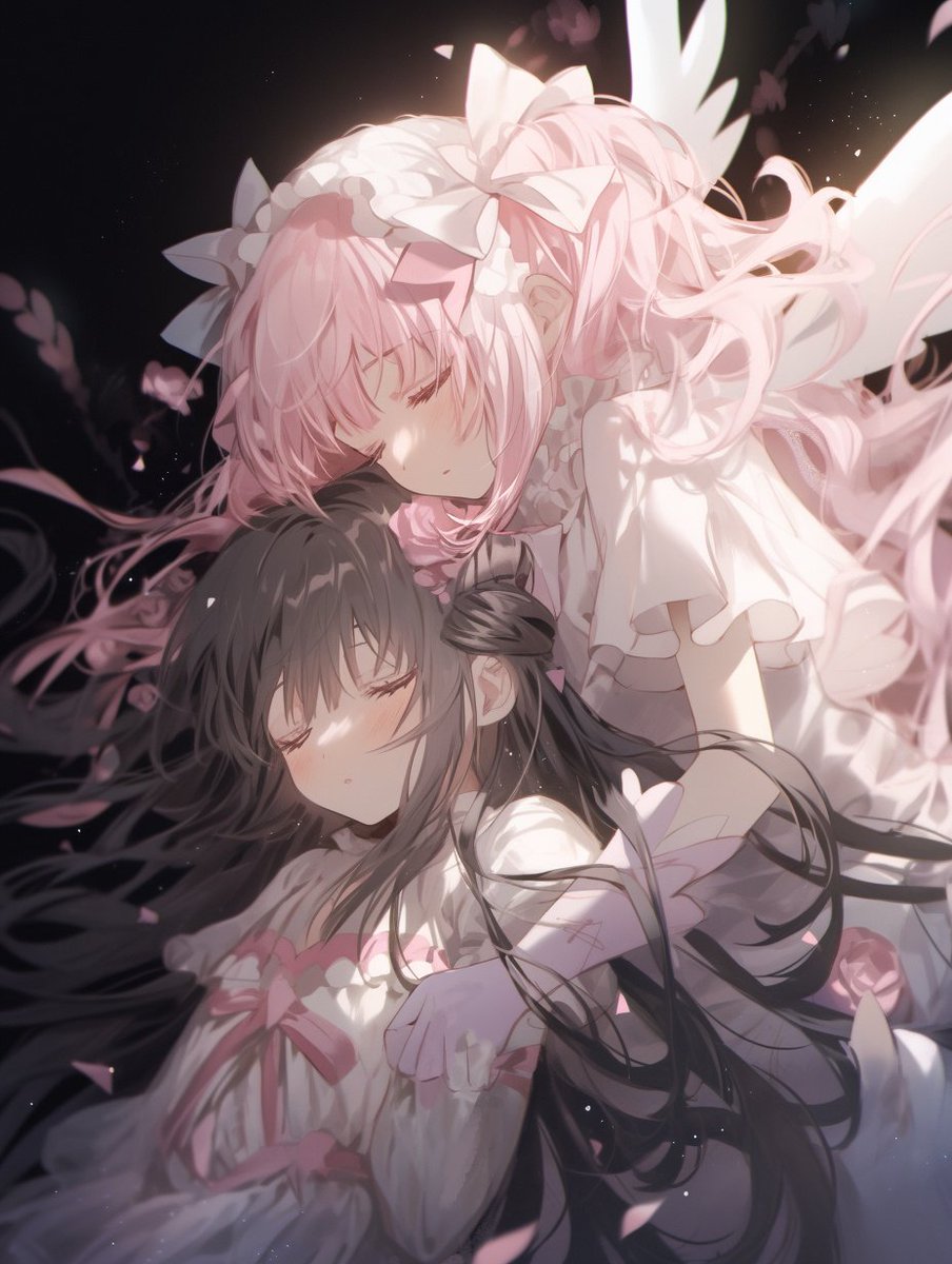 akemi homura ,kaname madoka ,ultimate madoka multiple girls 2girls long hair closed eyes white dress dress black hair  illustration images