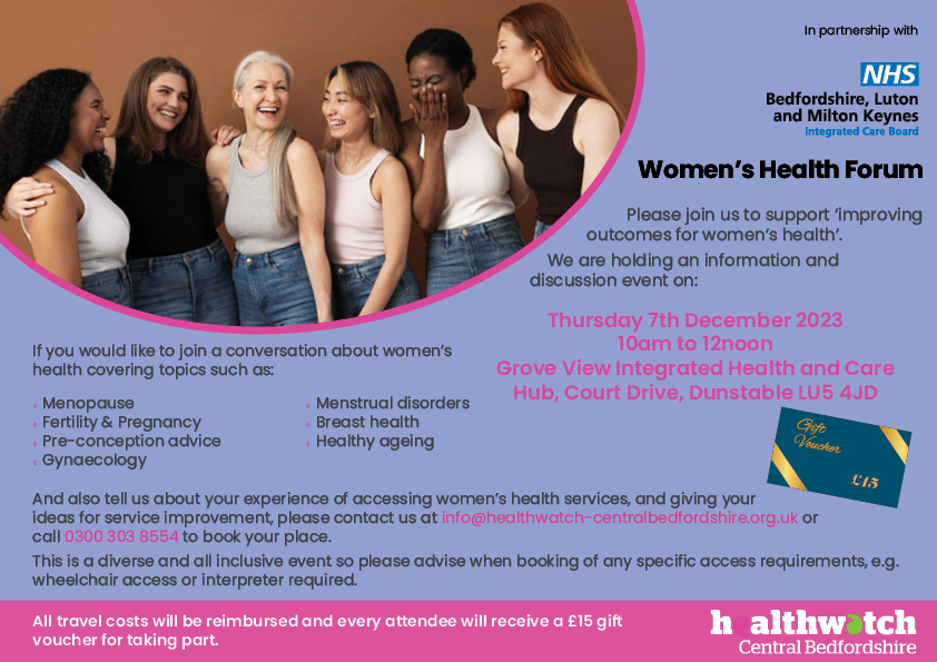 Healthwatch_cb's tweet photo. Join in the conversation #womenshealth Thurs 7 Dec, 10am, Grove View Health Hub, Dunstable.

All travel costs reimbursed, £15 gift voucher for taking part.

To book your place, please contact: 0300 303 8554 or info@healthwatch-centralbedfordshire.org.uk

#womenshealthmatters https://t.co/eDclNwxxDj
