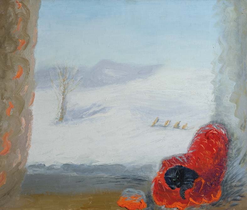 It's a bit chilly isn't it? 🥶 Oh to be a cosy litle cat curled up in front of the fire...🕯️ Winifred Nicholson, 'Fireside' (1956)