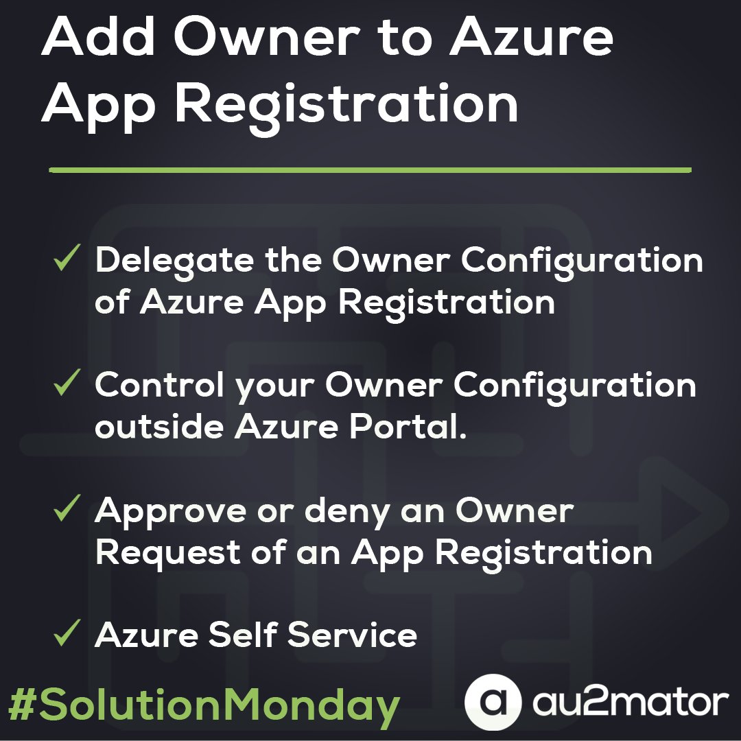 Add Owner to an Azure App Registration

🔶 Download from GitHub:  click.au2mator.com/AZURE_AddOwner…
🔶 More Azure Solutions: click.au2mator.com/AZtwauso

❗ You can use PowerShell, Azure Automation, System Center Orchestrator, or SMA as Automation Engine.

#SolutionMonday #au2mator #PowerShell