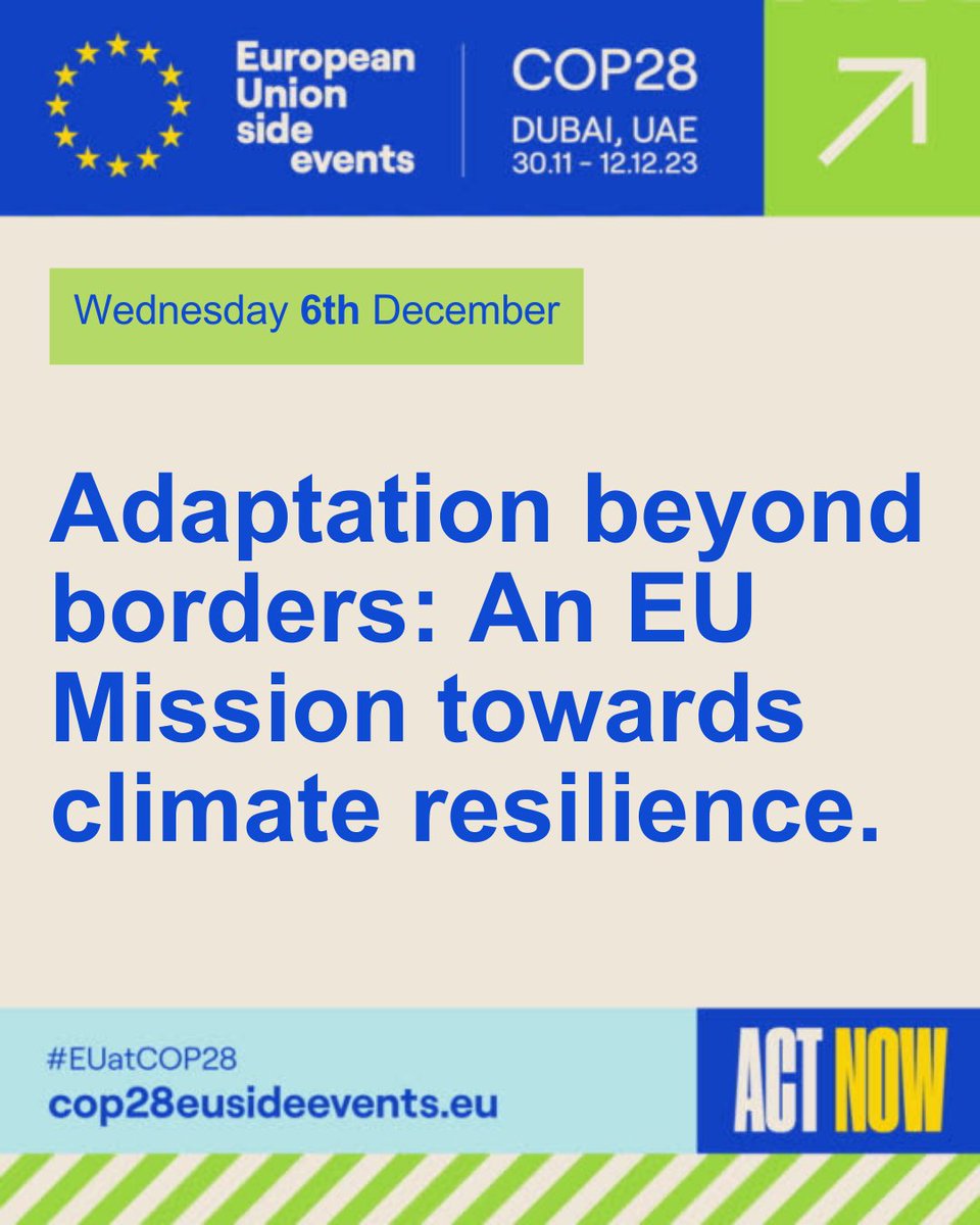 Adaptation to climate change will be a key theme of #COP28. Learn more about this topic in the #MissionClimateAdaptation's “Adaptation beyond borders: An EU Mission towards climate resilience” side event.

📅 6 December 2023
 📍 Online 
🔗 cop28eusideevents.eu/e/programme?se…

#EUatCOP28