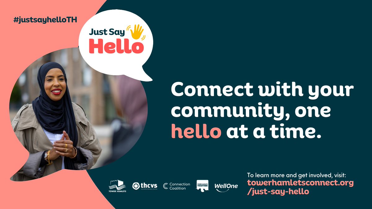 TowerHamletsNow's tweet photo. We are proud to launch our #JustSayHelloTH campaign this week!
This campaign aims to create conversations & connections with one another.
Whether it’s hosting an event, having coffee with a neighbour or trying a new class, there are many ways to connect
https://t.co/S3KUrMA5vc https://t.co/t8XGTvlC7j