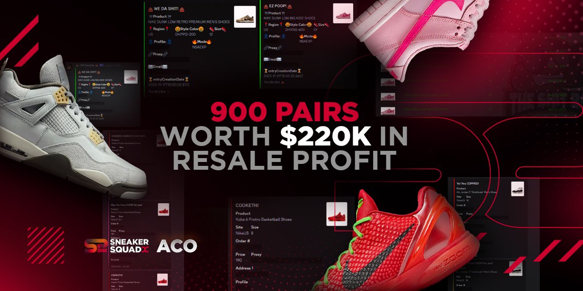 PREMIUM 2023 RECAP! 🔥

Our ACO made over $220K WORTH OF RESALE by copping OVER 900 pairs of hyped sneakers.

Our backdoor also kicked off with a great start, as our users got their hands on Born&amp;Raised, Lobsters, Kobes &amp; more..

Join us dashboard.sneakersquad.co &amp; let's get rich💰