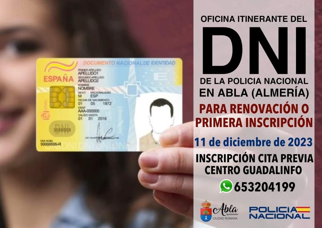 AytoAbla's tweet photo. 📢 RENOVACIÓN DNI O PRIMERA INSCRIPCIÓN.
🪪 Oficina itinerante del DNI.
➡️ Lúnes 11 de diciembre en Abla.
📝 Inscripción Cita Previa en el Centro Guadalinfo de Abla. 
📲☎️ 653204199.
#Abla
#Almeria
#SierraNevada https://t.co/kMyMKq8kEE