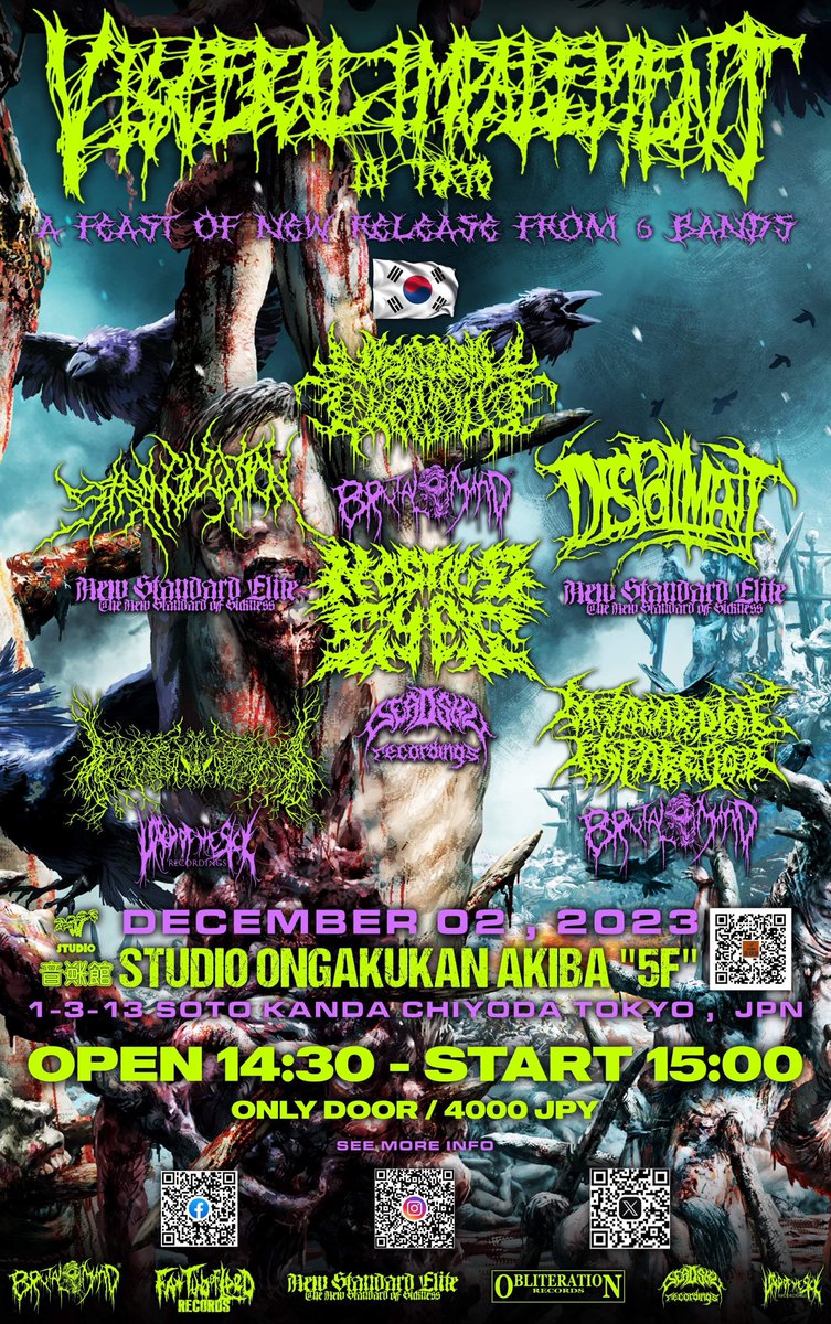 ODF2020's tweet photo. Visceral Impalement in Tokyo
③死んだ細胞の
キ○玉がパンパンに膨らんだ"溜まった"鴕を野山に放つ如く目まぐるしく走る止まるの音発情。エンドレスで暴れる音と超難解なリフでも拍の頭とケツがピタッと揃う野生動物らしからぬ正確無比な演奏力＋ガテラルは鴕ってより絶倫のハイブリッドビーストだた https://t.co/Uuc48jJt0B