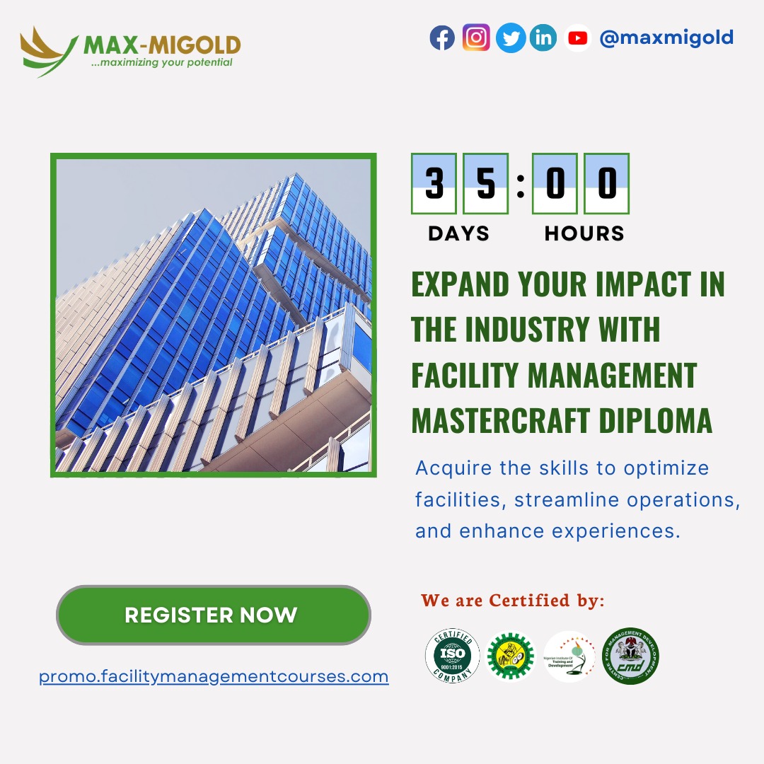 Max_Migold's tweet photo. Obtain your certification as a facility manager! Register for the facility management master craft course with us. Start 8th January, 2024. Don't pass up the chance to advance your career!
#FacilityManagement #MasterCraftClass #CertifiedManager https://t.co/HZgKandfSH