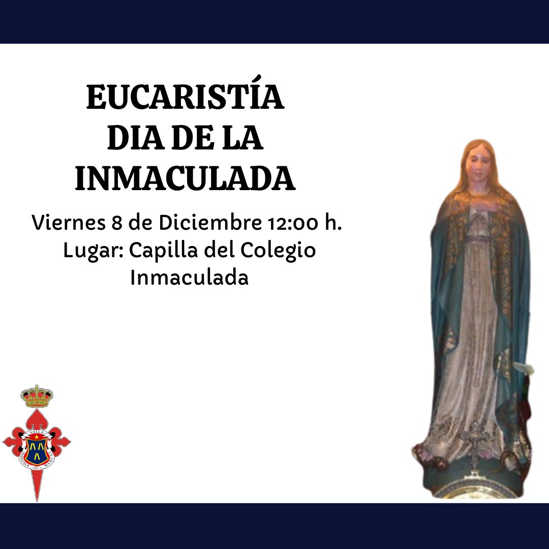 Eucaristía " Día de la Inmaculada"

Día: Viernes 8 de diciembre

Hora: 12:00

Lugar: Capilla del Colegio "La Inmaculada"