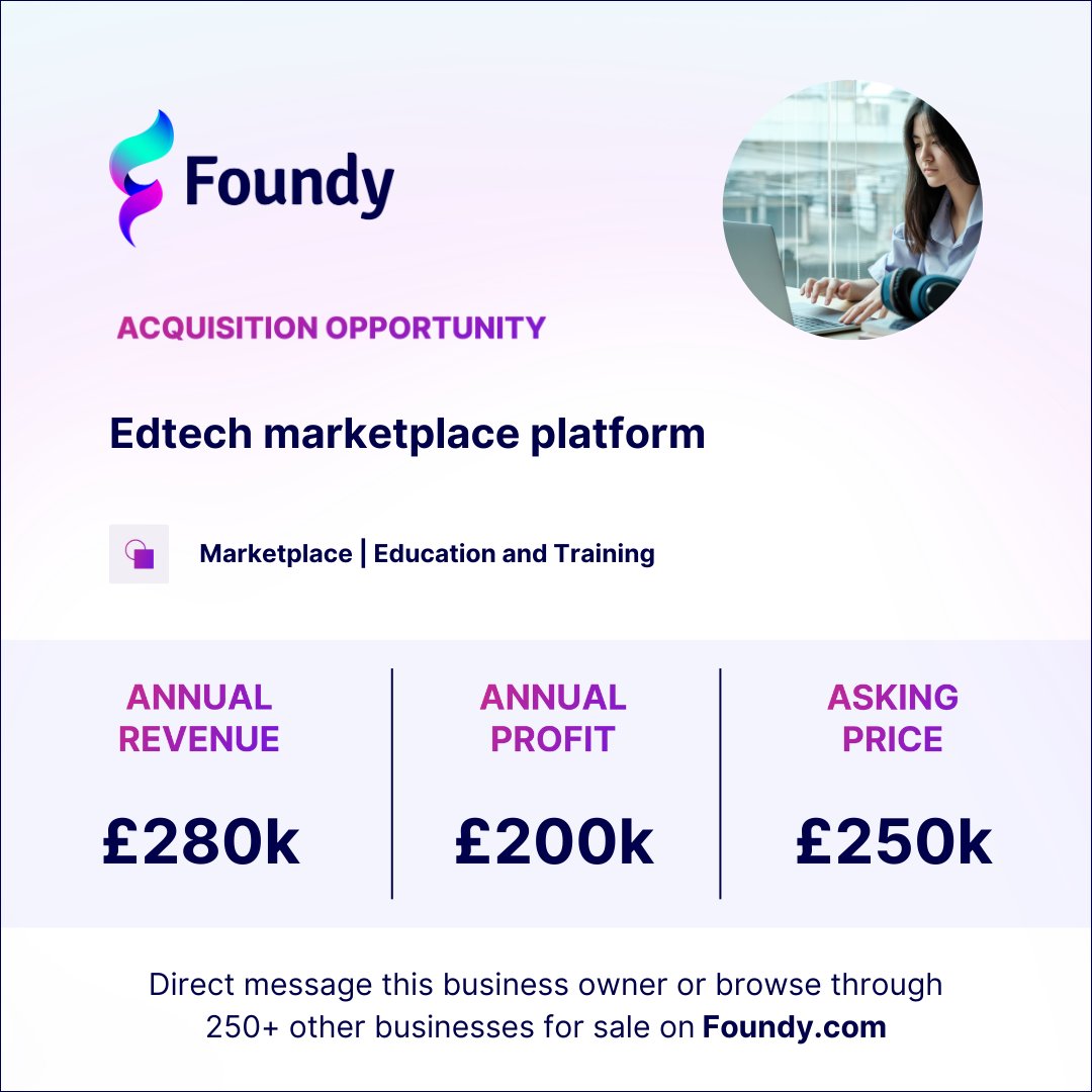 foundyglobal's tweet photo. 👀 Acquisition opportunity -  Edtech marketplace platform

Learn more about this business 👉 https://t.co/RVeGgFm5Tg

Are you or anyone you know interested? 

#businessopportunity #acquisition #edtech https://t.co/c0IaRfJrwf