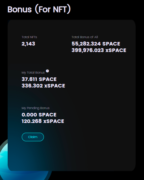 The NFT bonus 43790.95 xSPACE from 5th buyback has been distributed!

Planet NFT holders have accumulated 446,556.1 xSPACE in dividends, besides staking and trading revenue.

In the upcoming SpaceFi 2.0, the improved tokenomics will give Planet NFTs more benefits, including boost