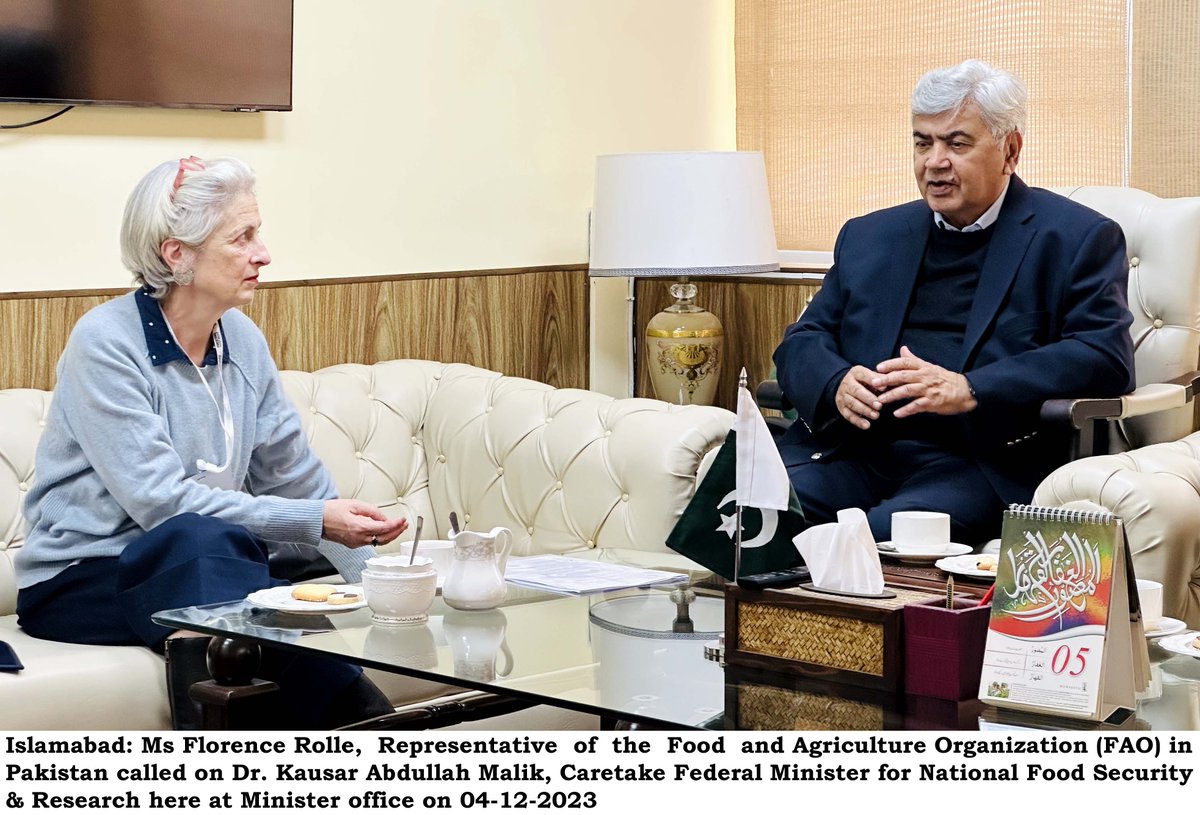 Ms. Florence Rolle, Representative of the Food and Agriculture Organization (FAO) in Pakistan called on Dr. Kausar Abdullah Malik, Caretake Federal Minister for National Food Security & Research here at Minister office.