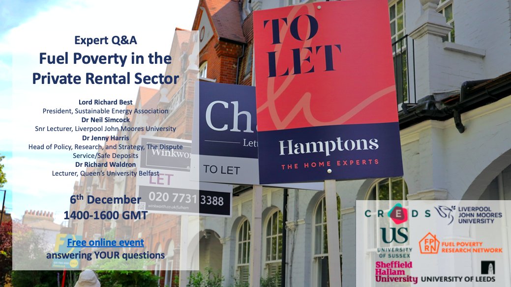 Our expert discussion and Q&A on #fuelpoverty in the private rental sector is happening on Wednesday! Join Lord Richard Best, Dr Neil Simcock, Dr Jenny Harris, and Dr Richard Waldron for an in-depth discussion. You can still register: fuelpovertyresearch.net/events/event/e…